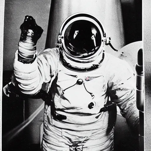 Image similar to old photograph of an astronaut in a futurist lab doing occult experiments