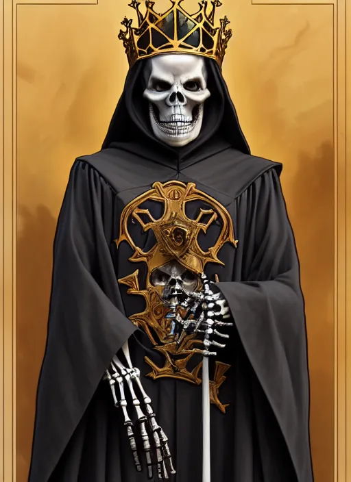 Image similar to undead skeleton king, wearing an academic gown, tarot card, highly detailed, deep focus, elegant, digital painting, smooth, sharp focus, illustration, ultra realistic, 8 k, art by artgerm and alphonse mucha and greg rutkowski