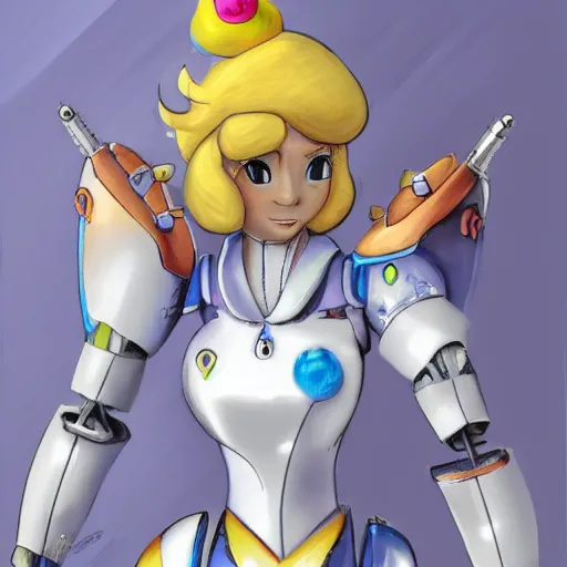 Prompt: character art of princess Peach wearing a personalized robotic battle suit, extreme detail, award winning, realistic.