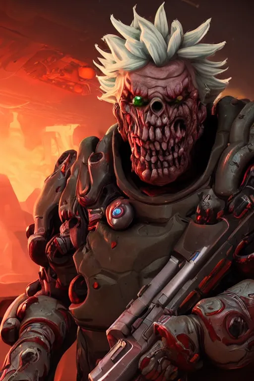 Image similar to an in game portrait of rick sanchez from doom eternal, doom eternal art style.