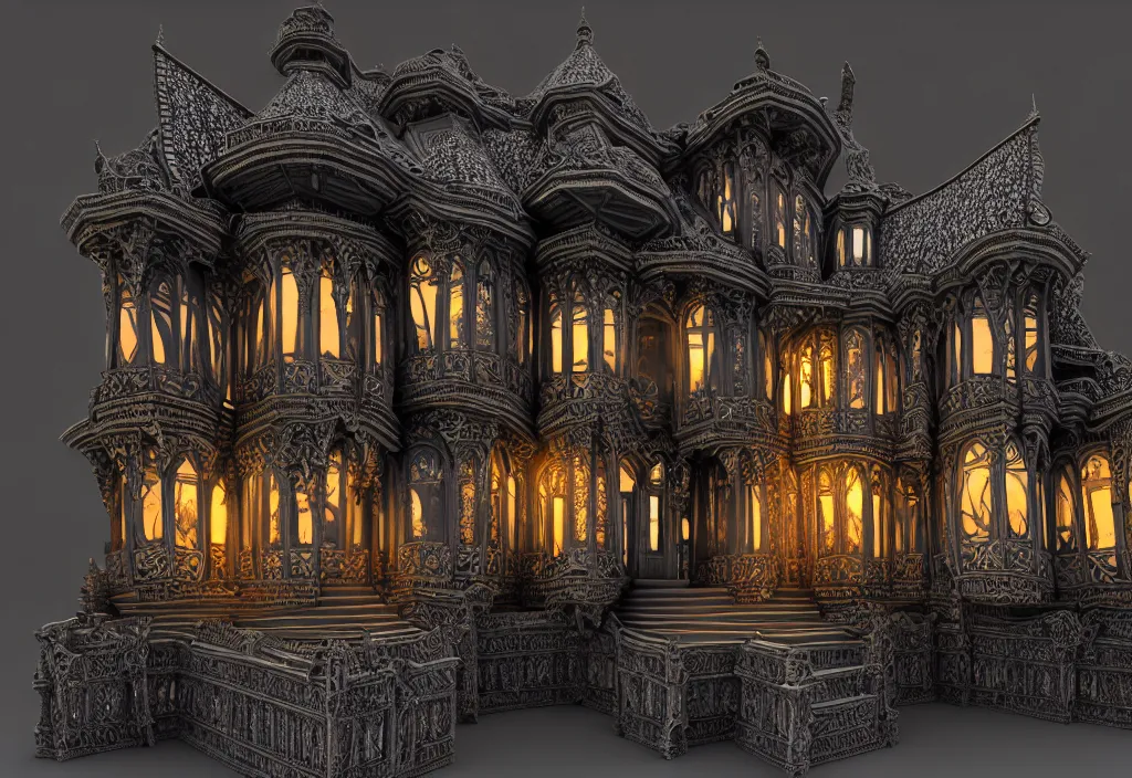 Prompt: symmetrical features, ominous, magical realism, texture, intricate, ornate, royally decorated, body format, windows, many doors, roofs, complete house, whirling smoke, embers, adornements, torn fabric, radiant colors, fantasy, trending on artstation, volumetric lighting, micro details, 3 d sculpture, ray tracing, 8 k