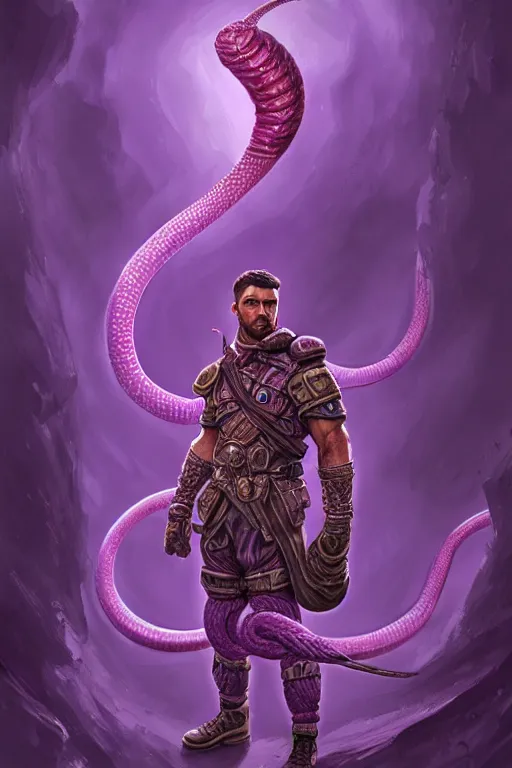 Image similar to male fighter in front of a giant purple worm, fantasy, intricate, elegant, highly detailed, digital painting, artstation, concept art, smooth, sharp focus, illustration, art by Jovan Delic