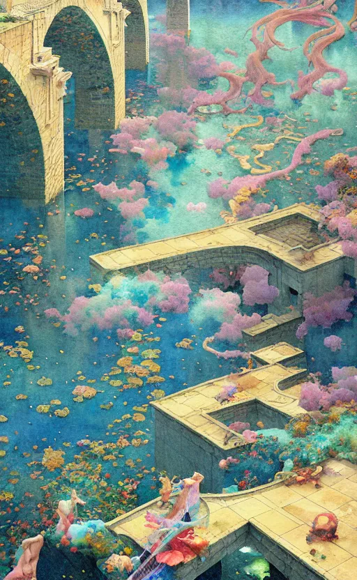 Image similar to dixit card!!!!, tiled room squared waterway, aqueducts, fantasy. intricate, amazing composition, colorful watercolor, by ruan jia, by maxfield parrish, by marc simonetti, by hikari shimoda, by robert hubert, by zhang kechun, illustration, gloomy