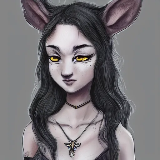 Image similar to headshot of young female furry, D&D, cute, fantasy, intricate, long hair, dark grey skin, mouse face, mouse nose, dark skin, mouse head, mouse ears, black hair, elegant, highly detailed, cartoony, artstation, concept art, smooth, sharp focus, illustration, art by Diives