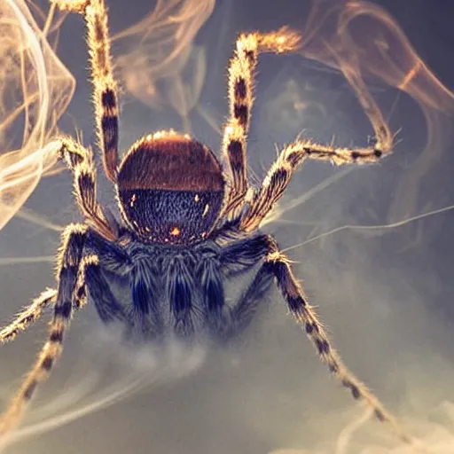 Prompt: an adorable spider exhaling smoke in a smoke filled room, comic art, ultra high resolution, high detail, particle reflections, surface reflections, poster, 1972, glowing eyes, smoke filled room
