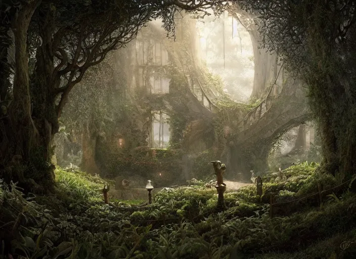 Prompt: secret garden, in the style of pan's labyrinth movie, at the bottom of the dwell, spooky, dark, concept art, unreal engine 5, matte painting, artstation, caspar friedrich, wlop