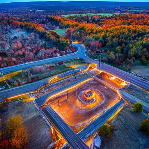 Image similar to birds eye view of a small town in pennsylvania with a gate to hell opening in the middle of it, high resolution photograph, intense, dawn light