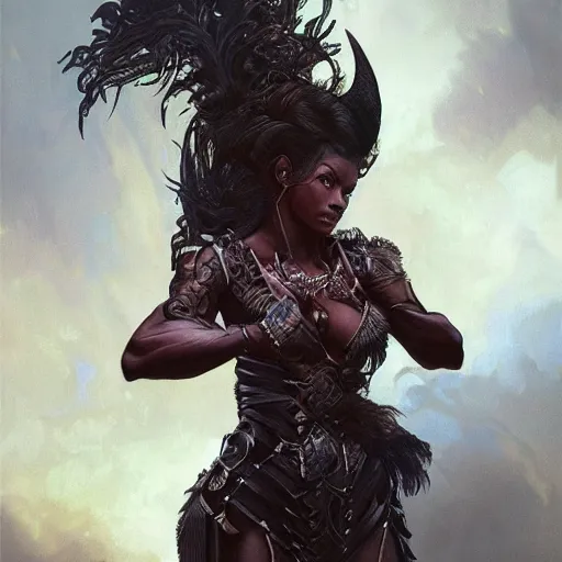 Image similar to portrait of a beautiful blackwomen devil warrior MTG iluustration, demon hunter ,intricate, headshot, highly detailed, digital painting, artstation, concept art, cinematic lighting, illustration, art by artgerm and greg rutkowski, alphonse mucha, cgsociety, science fiction