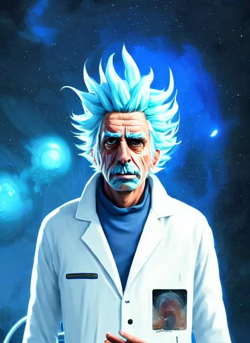 Prompt: rick sanchez portrait wearing a white lab coat with blue hair. highly detailed. psychedelic digital painting. smooth. alien planet background. art by greg rutkowski