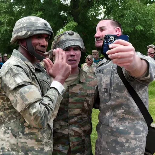 Image similar to a soldier takes a selfie with tribesmen.