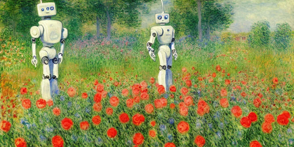 Image similar to a robot standing on flower garden looking small with many kinds flower arround him, watercolor art, 1 8 8 0 s, calude monet style, colorfule, hd, uhd