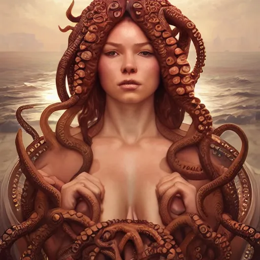 Image similar to portrait painting of octowoman, half man, half octopus, ultra realistic, concept art, intricate details, extremely detailed, photorealistic, octane render, 8 k, unreal engine. art by artgerm and greg rutkowski and alphonse mucha