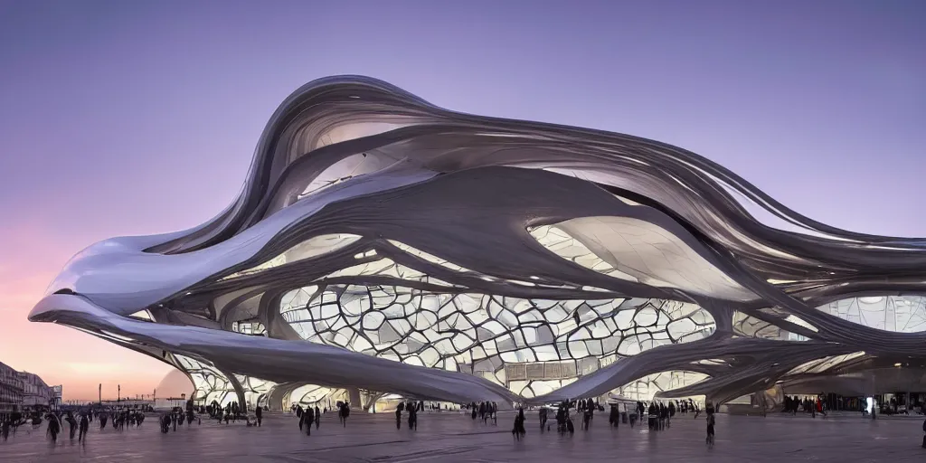 Image similar to extremely detailed ornate stunning sophisticated beautiful elegant futuristic museum exterior by Zaha Hadid, stunning volumetric light, stainless steal, concrete, translucent material, beautiful sunset, tail lights