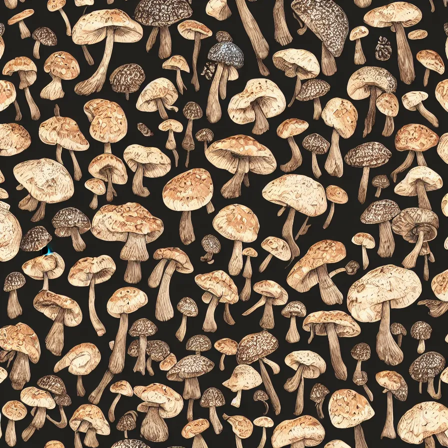 Prompt: macro photo with a mushroom characters and mycelium, natural colors and natural surroundings, painted patterns and coloring on mushrooms, seamless fabric pattern 8K, highly detailed.