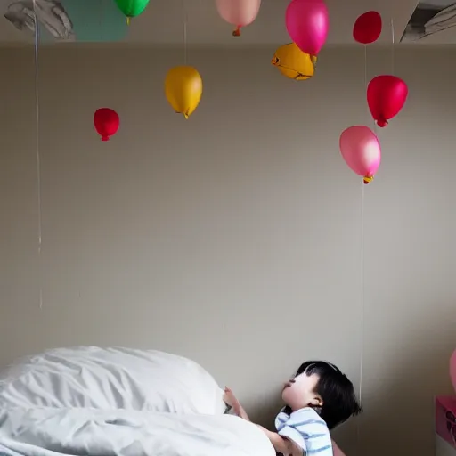 Prompt: japanese paper balloons hanging above a child's bed in their bedroom. dark room with light spilling in from the window