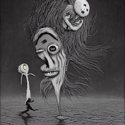 Prompt: in the back of my mind, horror, grunge, loony toons style, illustrated by zdzisław Beksiński and dr seuss., Trending on artstation, artstationHD, artstationHQ, 4k, 8k
