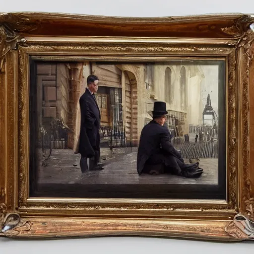 Image similar to we see ewan mcgregor from side. he is dressed as a gentleman at early 2 0 th century paris. atmospheric feeling, warm colours, brown colours, yellow colours, epic scene, cinematic, very detailed, oil painting