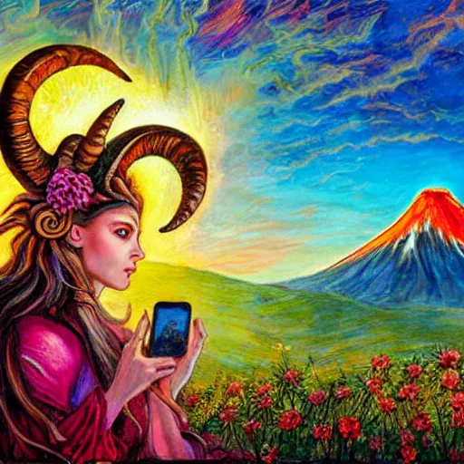 Prompt: painting by senior concept artist josephine wall, horned ram goddess checking her cell phone, erupting volcano and sunset in distance in background, flowers in foreground