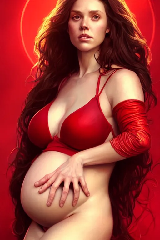 Image similar to pregnant scarlet witch in a red bikini, realistic portrait, symmetrical, highly detailed, digital painting, artstation, concept art, smooth, sharp focus, illustration, cinematic lighting, art by artgerm and greg rutkowski and alphonse mucha