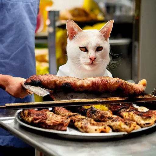 Image similar to a cat working as a kebab cook