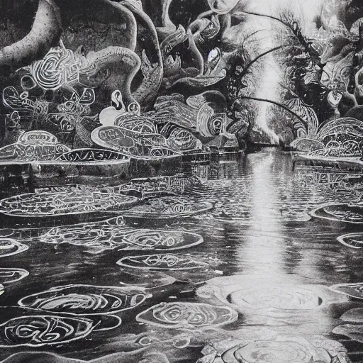 Image similar to /imagine prompt: A Mystic River, The River Is Full of Lights, Mysticism, Artwork, Tibetan Painting, Watercolor, Indian Art, Cinematic, Tri-X 400 TX, Exposure, Slit-Scan Photography, 2-Dimensional, 4k, Ultra-HD, Incandescent, Ray Tracing Reflections, insanely detailed and intricate, hypermaximalist, elegant, ornate, hyper realistic, super detailed:: watermark::-0.3 blurry::-0.3 cropped::-0.3 blur::-0.3 blurry::-0.3 out of focus::-0.3 by Dorothea Tanning, by Rene Magritte, by Victto Ngai