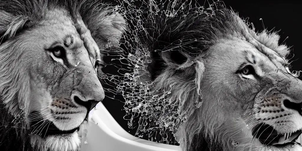 Image similar to a lion made of ferrofluid bathing inside the bathtub full of ferrofluid on a photography studio, dripping and drooling ferrofluid. dslr, wrinkles, ferrofluid, photography