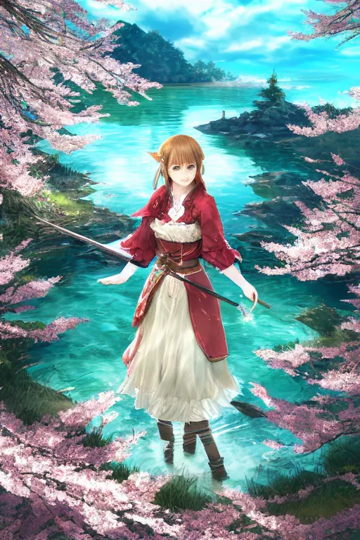 Prompt: a portrait of the emerald herald near a sparkling lake with cherry blossom trees, hidari, color page, tankoban, 4K, tone mapping, Akihiko Yoshida