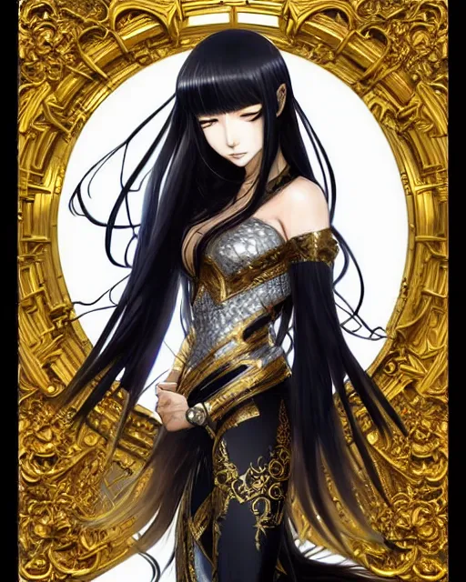 Image similar to beautiful anime portrait of a female fighter!! long black hair! silver eyes! fighting stance!!!! intricate ornate gold and black outfit!!! elegant, artbook, fine details by stanley artgerm lau, wlop, rossdraws, james jean, andrei riabovitchev, marc simonetti, and sakimichan, trending on artstation