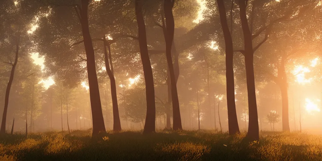 Prompt: a hazy forest with huge oak trees at sunrise in the style of Firewatch, low angle