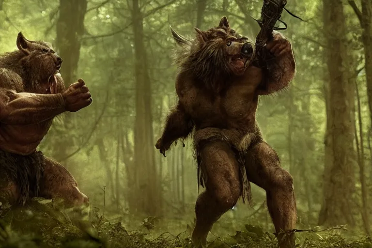 Prompt: vfx movie closeup detailed ancient warrior orc hunting wolf in the forest, natural lighting by emmanuel lubezki