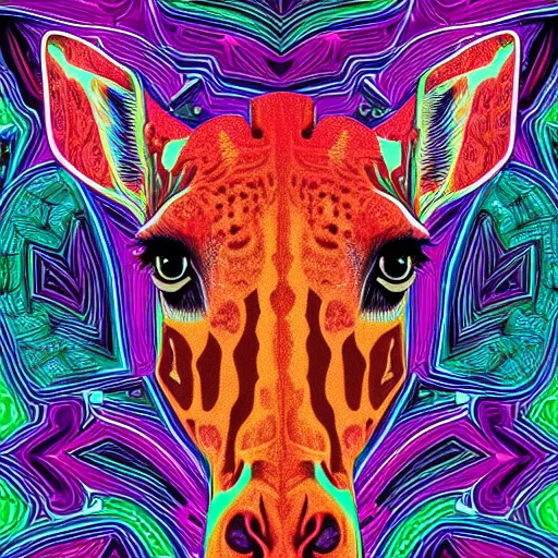 Image similar to a symmetrical neon portrait illustration of a giraffe trending on artstation 4 k intricate extremely detailed digital art by alex grey