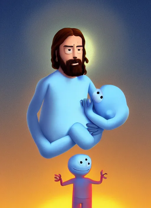 Image similar to portrait of jesus caring for mr meeseeks, photorealistic, golden hour, detailed matte painting, cinematic, in the style of Simon Dewey and Alan Lee, artstation,