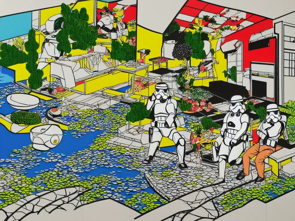 Image similar to hyperrealistic composition of the japanese home with a garden and a pond, 2 stormtroopers sitting around it, pop - art style, jacky tsai style, andy warhol style, roy lichtenstein style, rich palette, acrylic on canvas