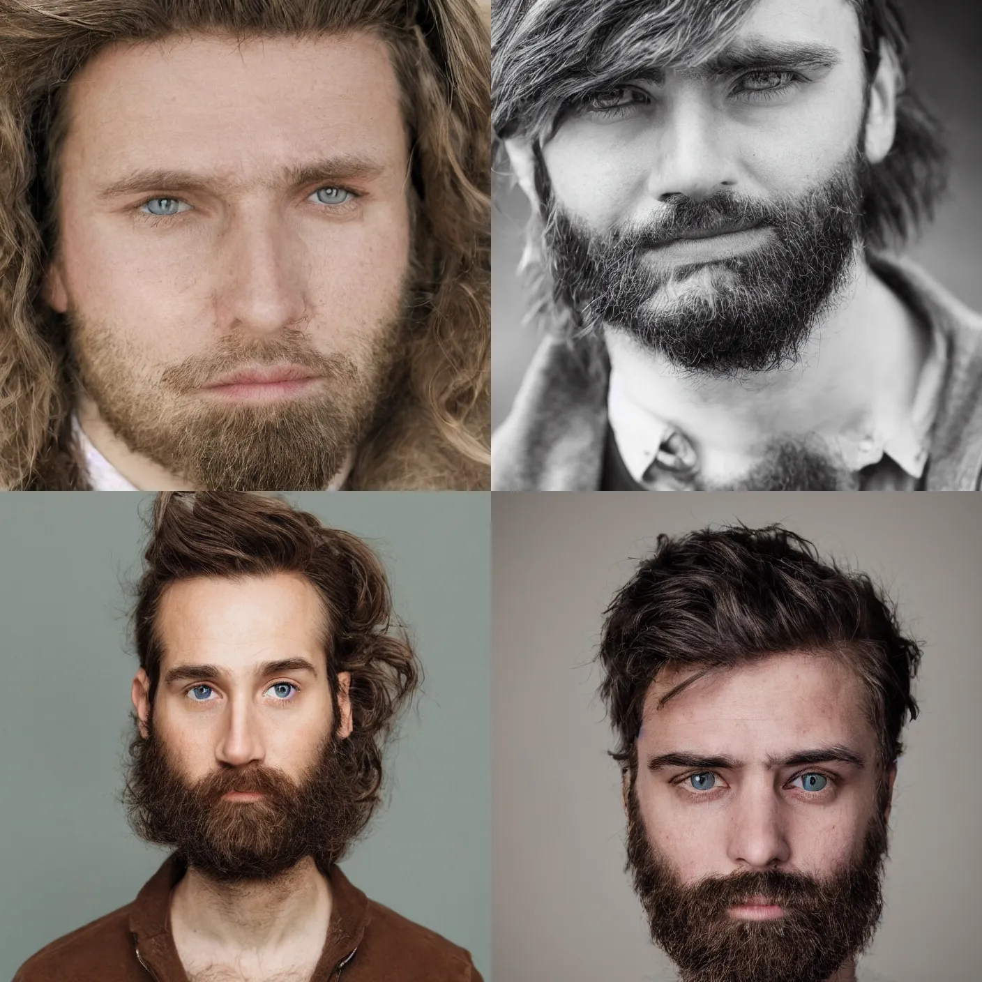 Prompt: a realistic portrait of a 30 year old male with blue eyes, brown medium length hair, bushy eyebrows and short beard. 85mm portrait.
