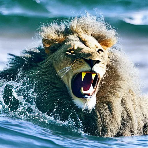 Image similar to a lion's face breaching through a wave