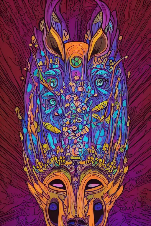 Image similar to animal mask totem roots flower tribal feather gemstone plant wood rock shaman vodoo video game vector cutout illustration vivid multicolor borderlands comics by josan gonzales and dan mumford radiating a glowing aura