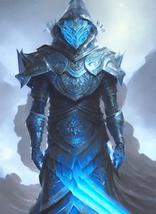 Image similar to kaladin stormblessed in shardplate. a knight in amazing fantasy armor that glows, bursting with blue light, sleek, lightweight but imposing, light glowing from the seams. intricate and ornate. concept art from artstation. beautiful highly detailed fantasy painting by greg rutkowski