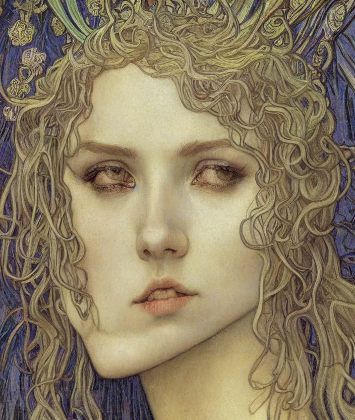 Image similar to detailed realistic beautiful young medieval queen face portrait by jean delville, alphonse mucha, vincent van gogh, and marco mazzoni, art nouveau, symbolist, visionary, gothic, pre - raphaelite