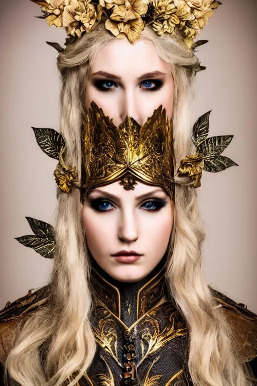 Image similar to very beautiful elven top model, golden hair, wearing dolce & gabbana gothic victorian armor with leaves and flowers, luxury materials, symmetrical, cinematic, elegant, professional studio light, real dlsr photography, sharp focus, 4 k, ultra hd, sense of awe, high fashion