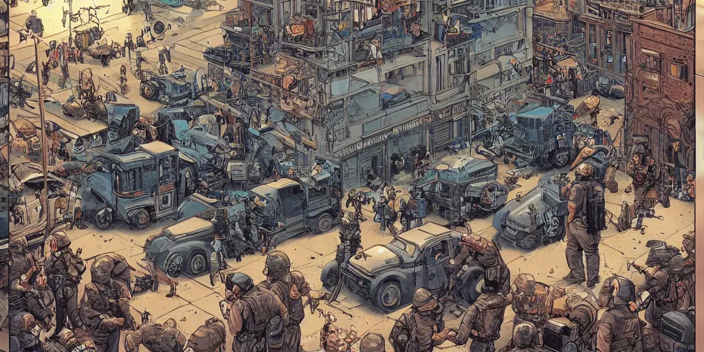 Prompt: Keystone cops vs neo. Epic painting by James Gurney and Laurie Greasley.
