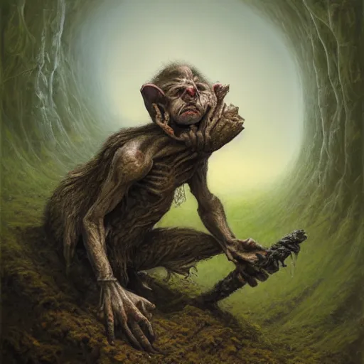 Prompt: portrait of a small goblin crawling out of a hovel on a hill side carrying a sack of body parts over his shoulder. art by tomasz alen kopera.