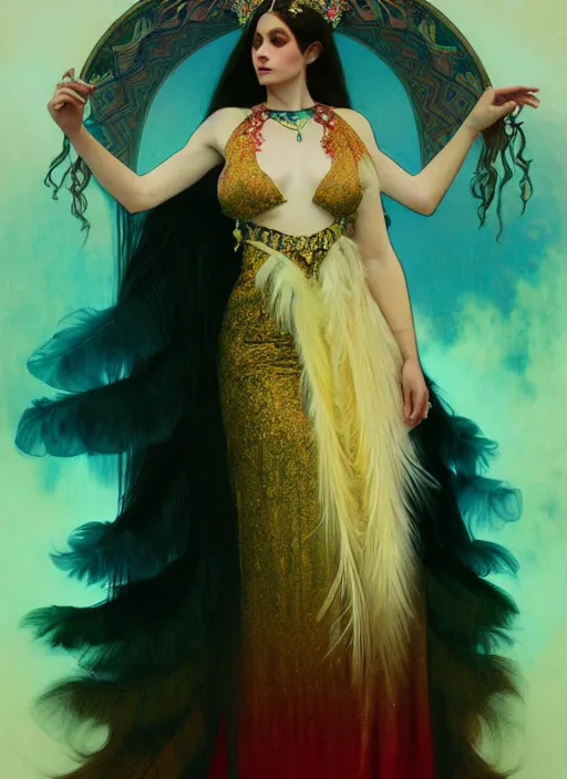 Prompt: ombre velvet gown, feathers, lovely queen, portrait, long hair, tiara, jeweled choker, feral languid woman, by greg rutkowski, anato finnstark, alphonse mucha, global illumination, radiant light