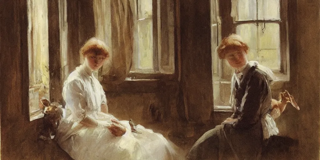 Image similar to a young edwardian woman petting a rabbit by a window, in the style of anders zorn