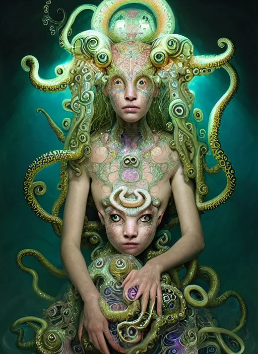 Prompt: A full shot of a cute magical monster wearing an ornate dress made of opals and tentacles. Subsurface Scattering. Translucent Skin. Caustics. Prismatic light. defined facial features, symmetrical facial features. Opalescent surface. Soft Lighting. beautiful lighting. By Giger and Ruan Jia and Artgerm and WLOP and William-Adolphe Bouguereau and Loish and Lisa Frank. Fantasy Illustration. Sailor Moon. Masterpiece. trending on artstation, featured on pixiv, award winning, cinematic composition, dramatic pose, sharp, details, Hyper-detailed, HD, HDR, 4K, 8K.