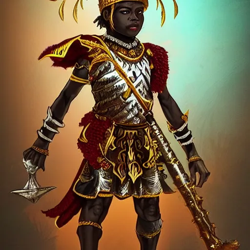 Image similar to a young black boy dressed like an african moorish warrior in gold armor and a crown with a ruby, posing with a very ornate glowing electric spear!!!!, for honor character digital illustration portrait design, by android jones in a psychedelic fantasy style, dramatic lighting, hero pose, wide angle dynamic portrait