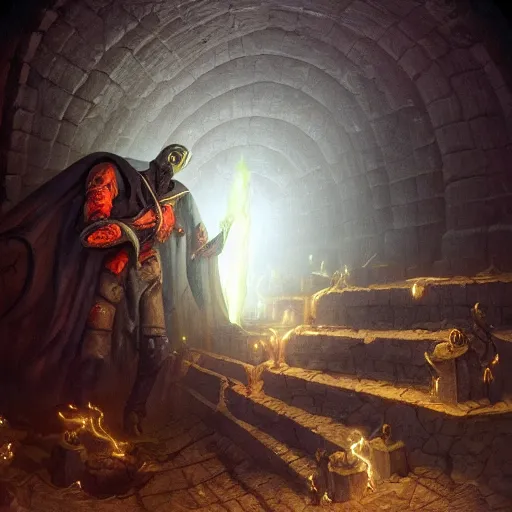 Prompt: Necromancer creating his first phylactery in the depths of a crypt, high quality dark gothic painting