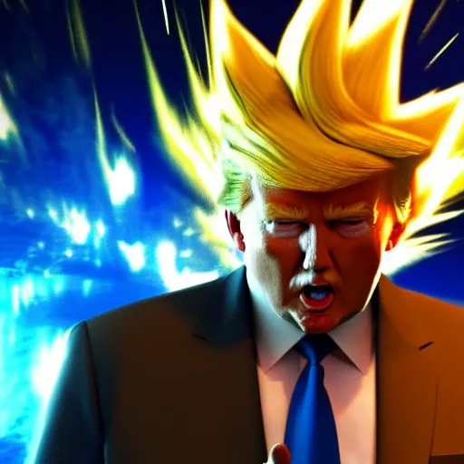 Image similar to ultra - realistic, 3 d render of donald trump going super - saiyan with manga energy explosion in the background, octane render