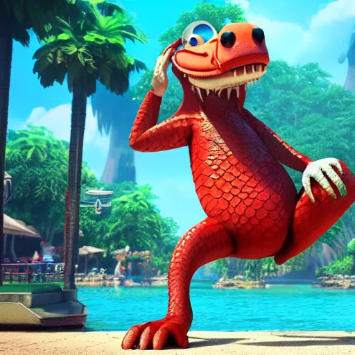 Prompt: 3 d render, anthropomorphic alligator, red scales on his back, male, waring swim shorts, in the style of zootopia, hd, 4 k, high definition background