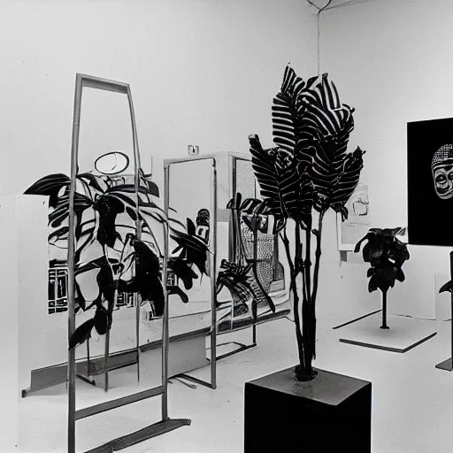 Image similar to A black and white photography in serigraphy of an exhibition space with works of Sun Ra, Marcel Duchamp and tropical plants, 60s, Modern Art