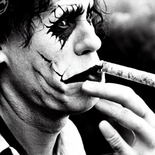 Prompt: photograph of the joker smoking a joint at woodstock, close - up shot, circa 1 9 6 9